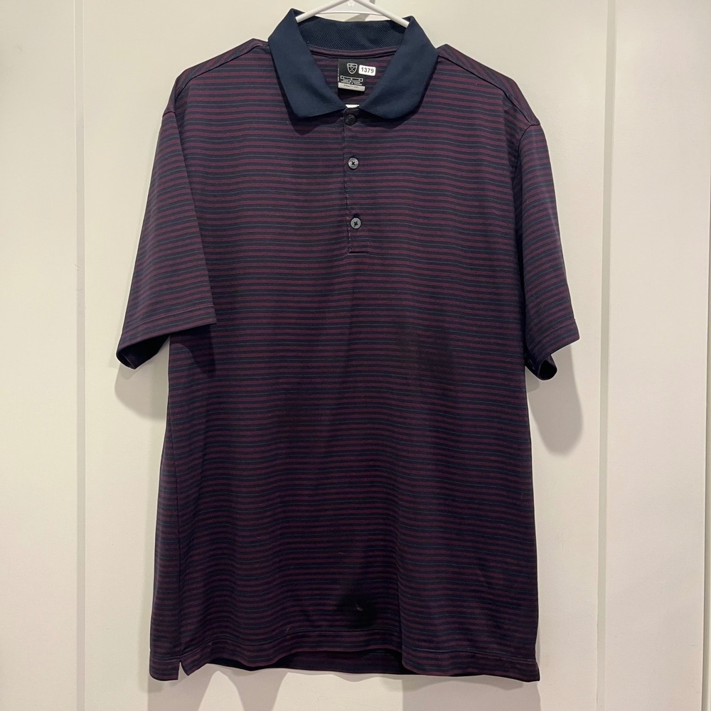 Nike Golf Fit Dry Polo Shirt Mens Large  Navy Blue Burgundy Striped Short Sleeve